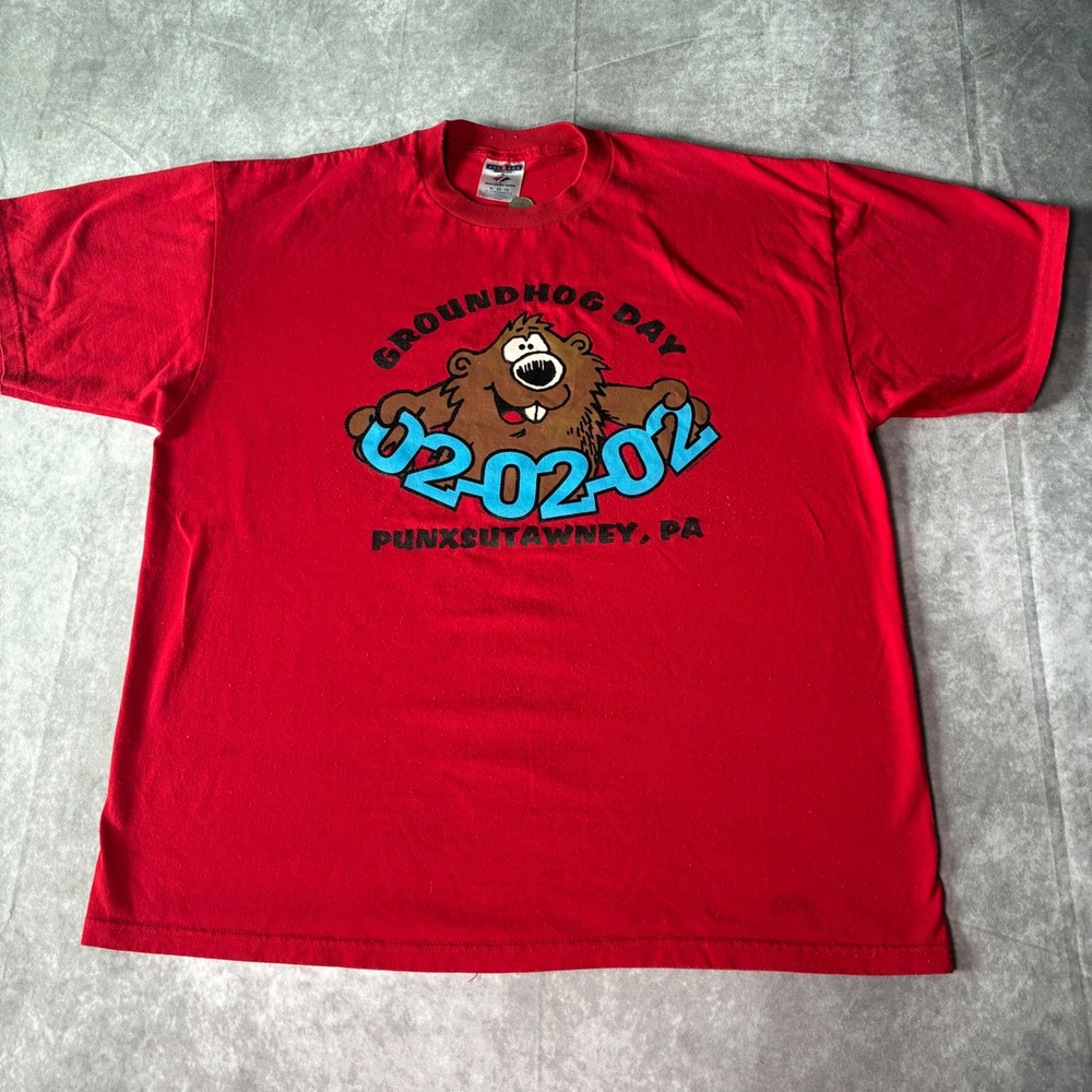 Vintage Jerzees Groundhog Day 02-02-02 Punxsutawney PA Red Graphic T-Shirt XL
